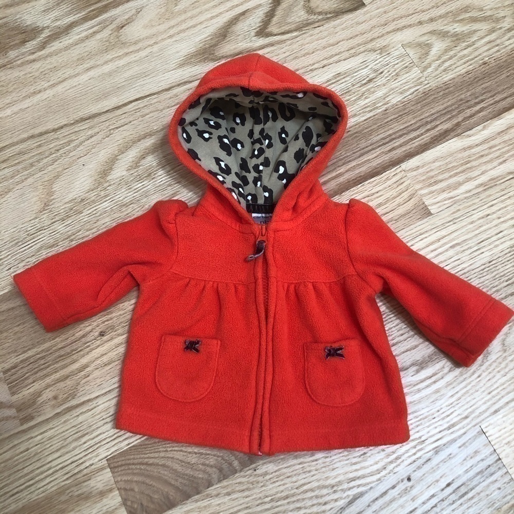 Carter’s Fleece Full Zip Sweatshirt Cheetah Lined Newborn Red Orange Girl Baby